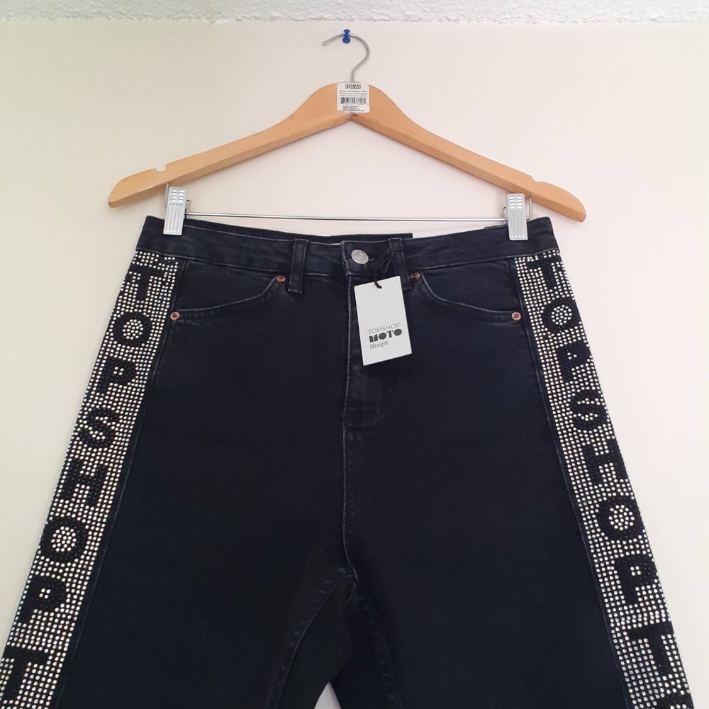 Diamond Embellished High waist Straight Leg Jeans, 99%Cotton Moto Ankle NEW 28